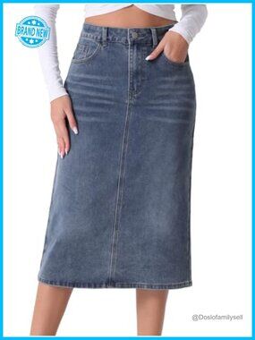 High Waist Denim Midi Pencil Skirt Women's Back Split Jean Skirt